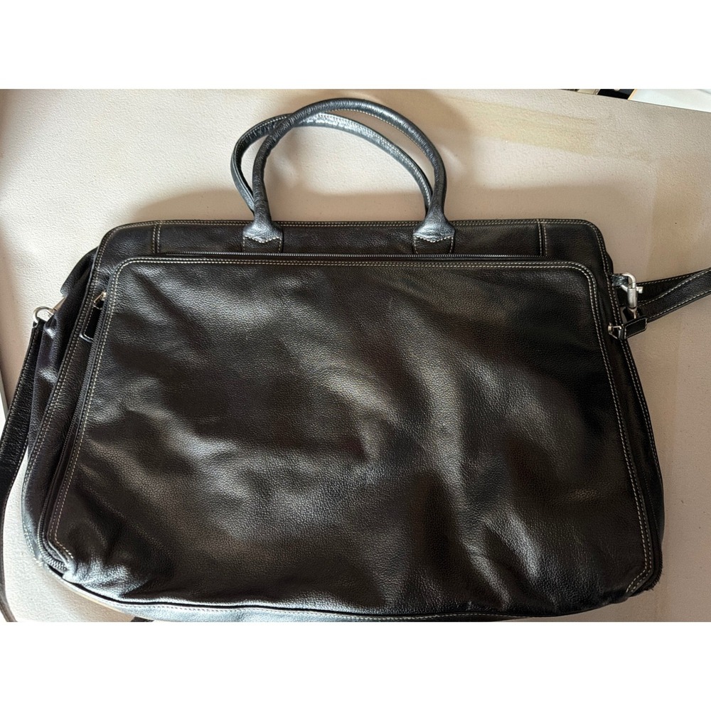 Black Leather Briefcase Laptop Bag White Contrast Stitching Crossbody Strap